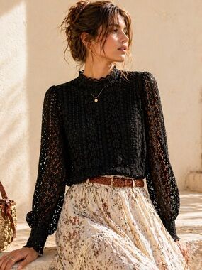 Ever New Melbourne Romantic Lace Blouse Sheer High Neck Statement Size L